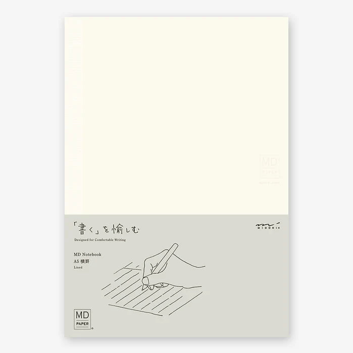 White notebook with a minimalist design and text on a light beige background, midori, md, japan, paper, notebook, sketch book, nz, new zealand, MD paper, blank, a5, lined
