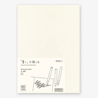 White notebook cover with black text and illustrations of pens on a white background, sketchbook, drawing book, painting book, draft, notebook, journal, illustration, md, midori, japan, nz, new zealand, coloring book, thick paper,
